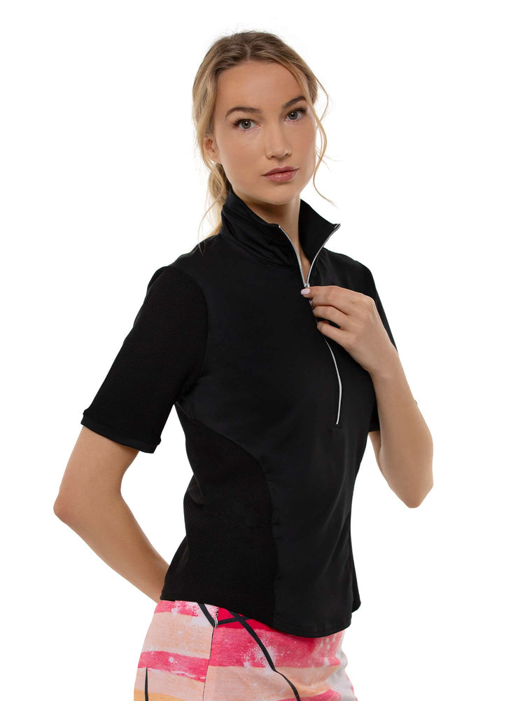 Zoe Performance Golf Polo – Silver Zip & Mesh Detail