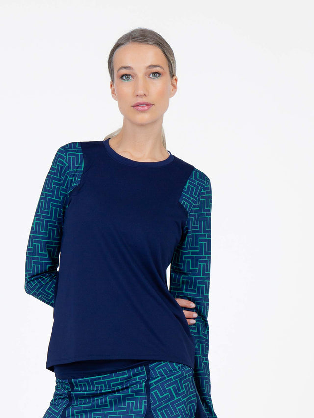 Colorblock Active Sofia Long Sleeve Crew Neck - Ink/Ink Tessel Tops - inPhorm NYCInk/Ink Tessel