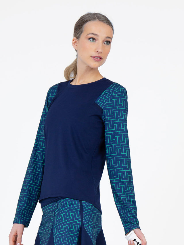 Colorblock Active Sofia Long Sleeve Crew Neck - Ink/Ink Tessel Tops - inPhorm NYCInk/Ink Tessel