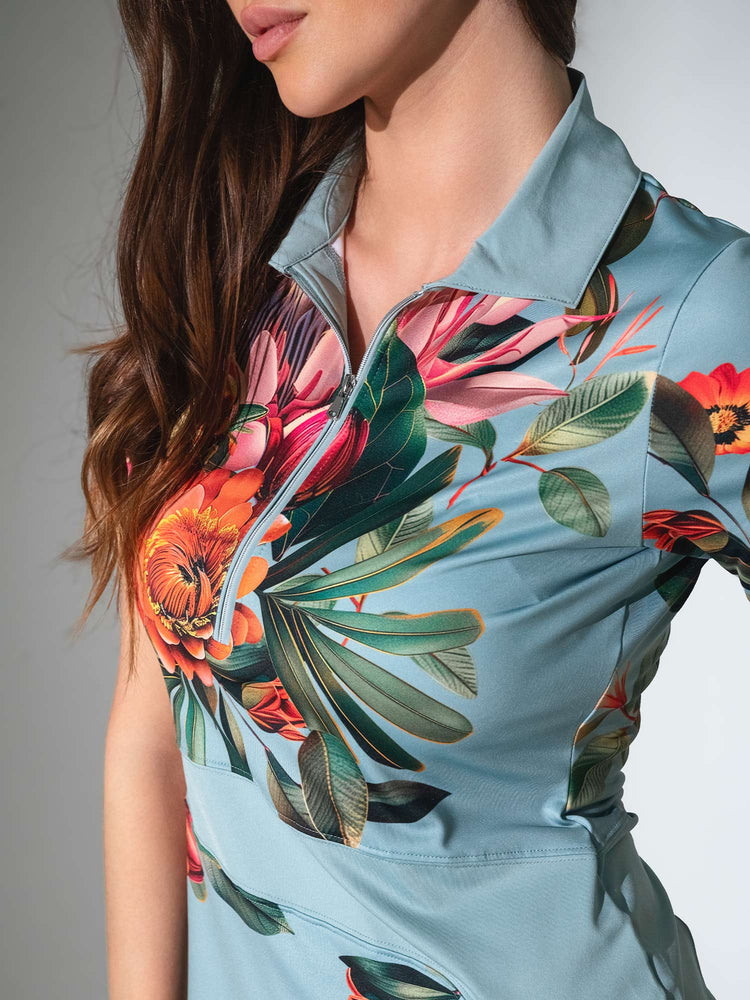 ELLE Short Sleeve Tennis Polo in Viridian Floral Print - InPhorm Designer Tennis Wear - 3