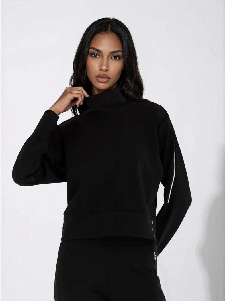 Funnel Neck Athleisure Sweat Shirt With Shoulder Zipper And UV Protection Tops - inPhorm NYCBlack