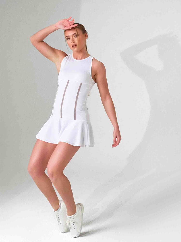 MAI DRESS | Performance Tennis & Pickleball Dress with Mesh Flounce - inPhorm NYCWHITE/LATTE