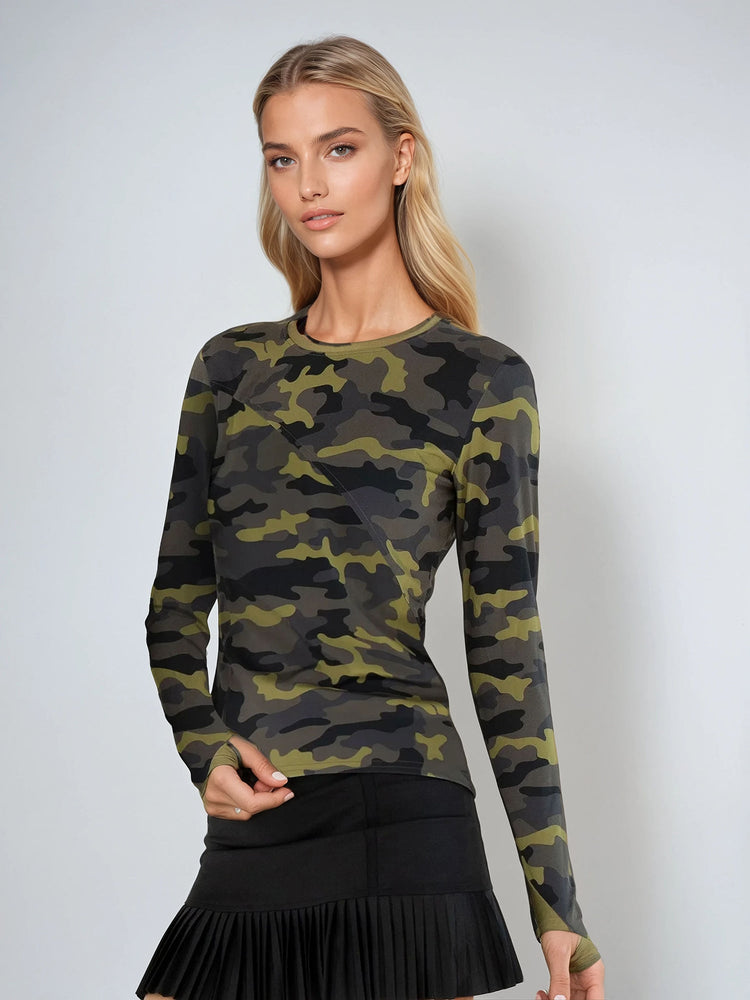 Parker Long Sleeve Crew Neck Top - Camo/Golden Green Tops - inPhorm NYCCamo/Golden Green