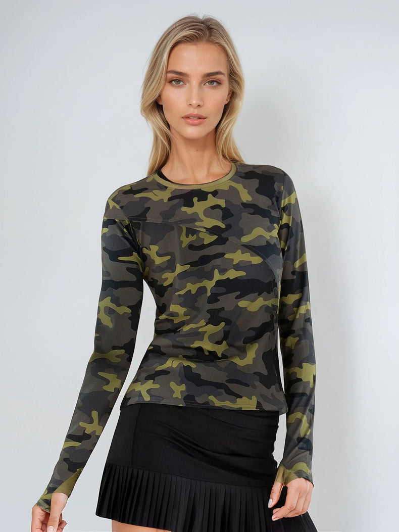 Parker Long Sleeve Crew Neck Top - Camo/Golden Green Tops - inPhorm NYCCamo/Golden Green