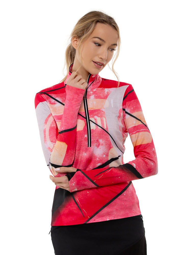 Performance Half Zip High Collar Long Sleeve Tops - inPhorm NYCRETRO RED BLACK