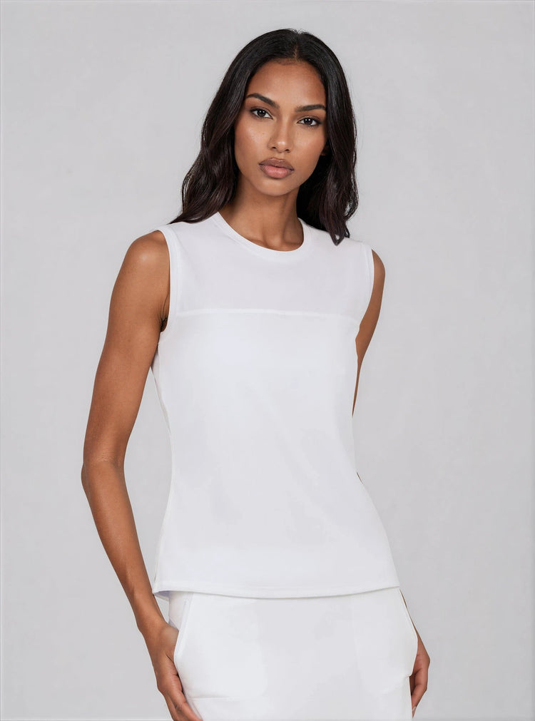 Relax - Fit Crewneck Tank with Light Mesh Overlay - White - inPhorm NYCWhite
