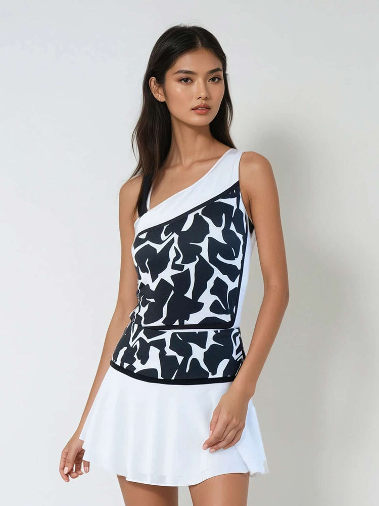 Stylish Women's Off - Shoulder Tank - Four - Way Stretch & Comfort Tops - inPhorm NYCBlack Graphic White