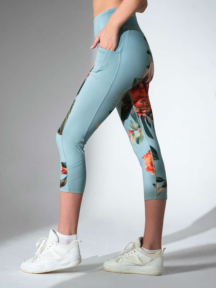VIRIDIAN FLORAL PRINT ELLE CAPRI | Performance Compression Leggings with Pockets - inPhorm NYCVERIDIAN PRINT