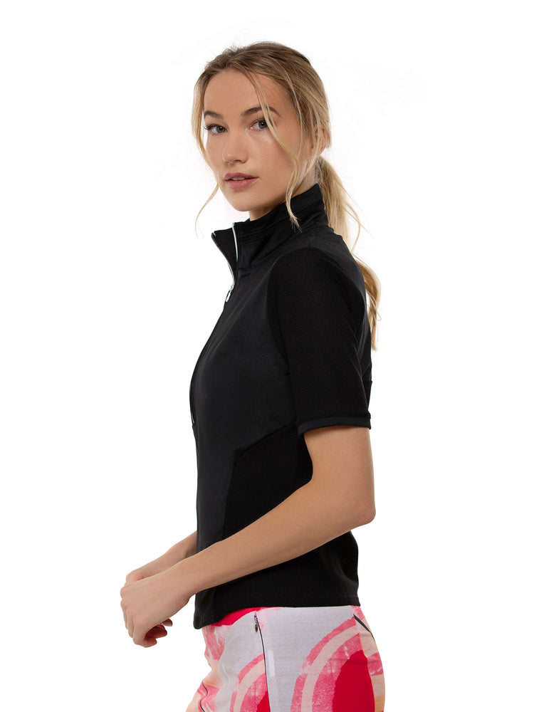 Zoe Performance Golf Polo – Silver Zip & Mesh Detail Tops - inPhorm NYCBlack