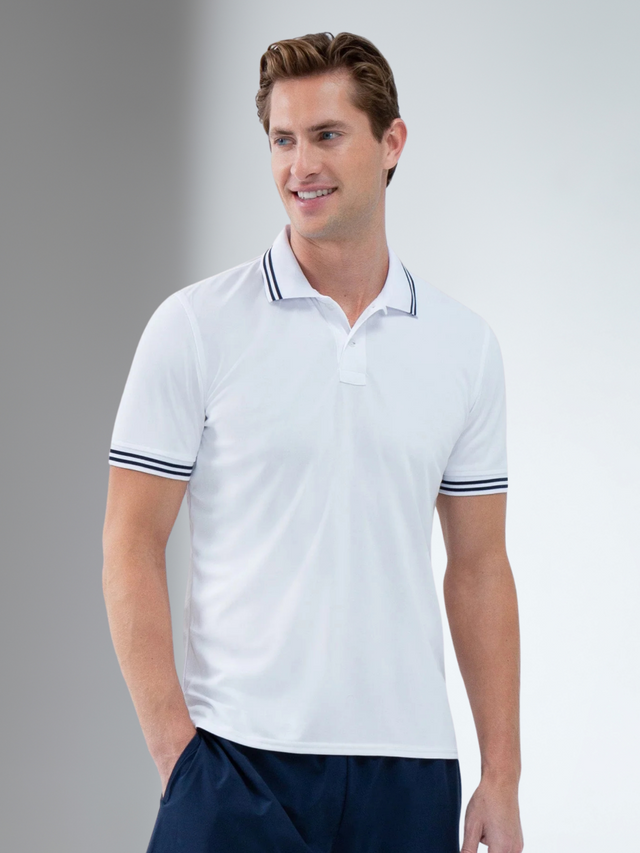 Man wearing inphorm classic rib collar polo in white with midnight tipping on collar and cuff front view.