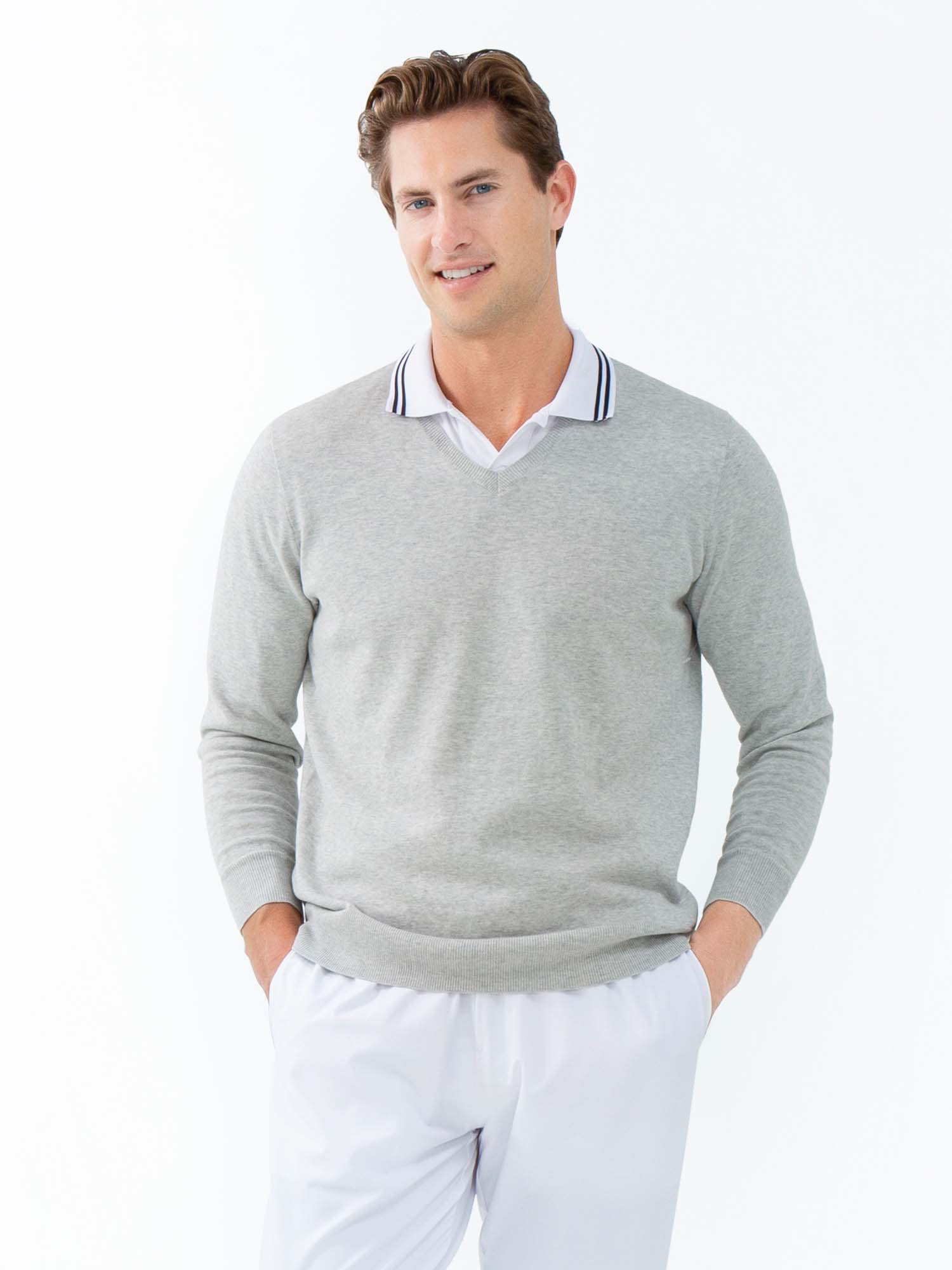 Men s Classic V Neck Golf Sweater in Light Heather Gray