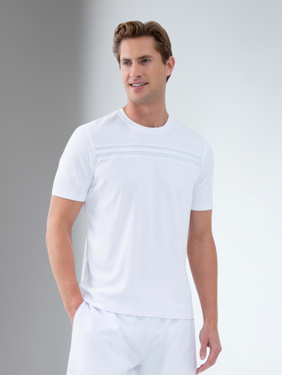 Man wearing inphorm's performance short sleeve crew neck shirt in white front 3/4 view