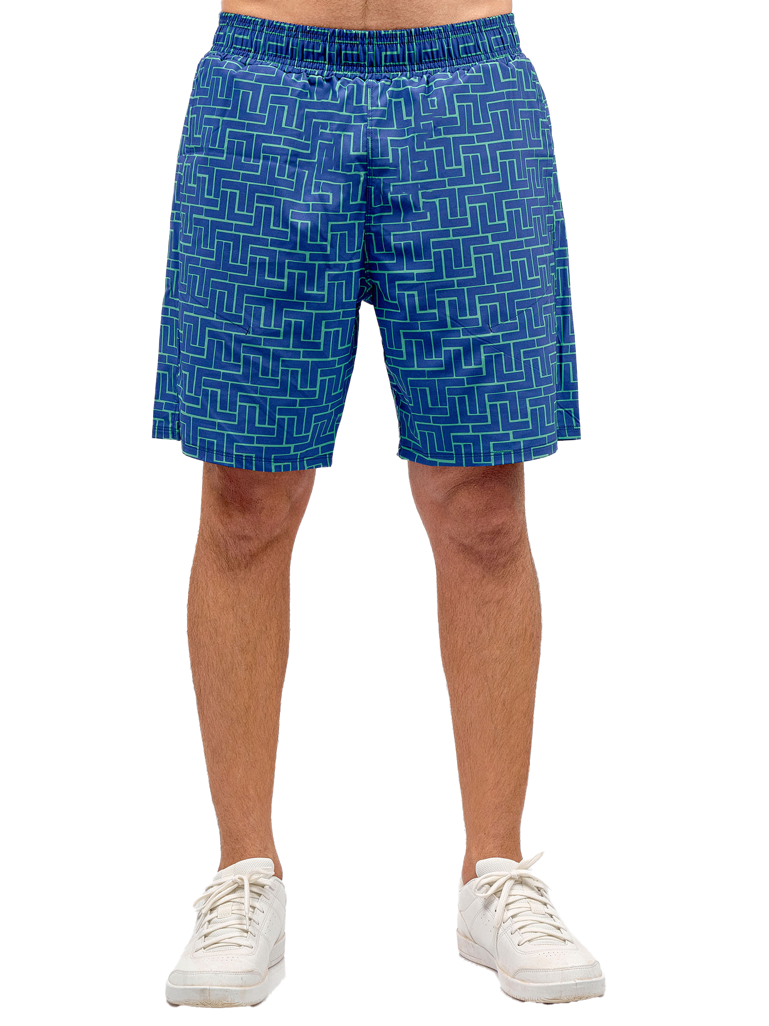 Man wearing Spin Short in Tessel Print, highlighting the athletic fit and multiple pockets, ideal for tennis and pickleball.
