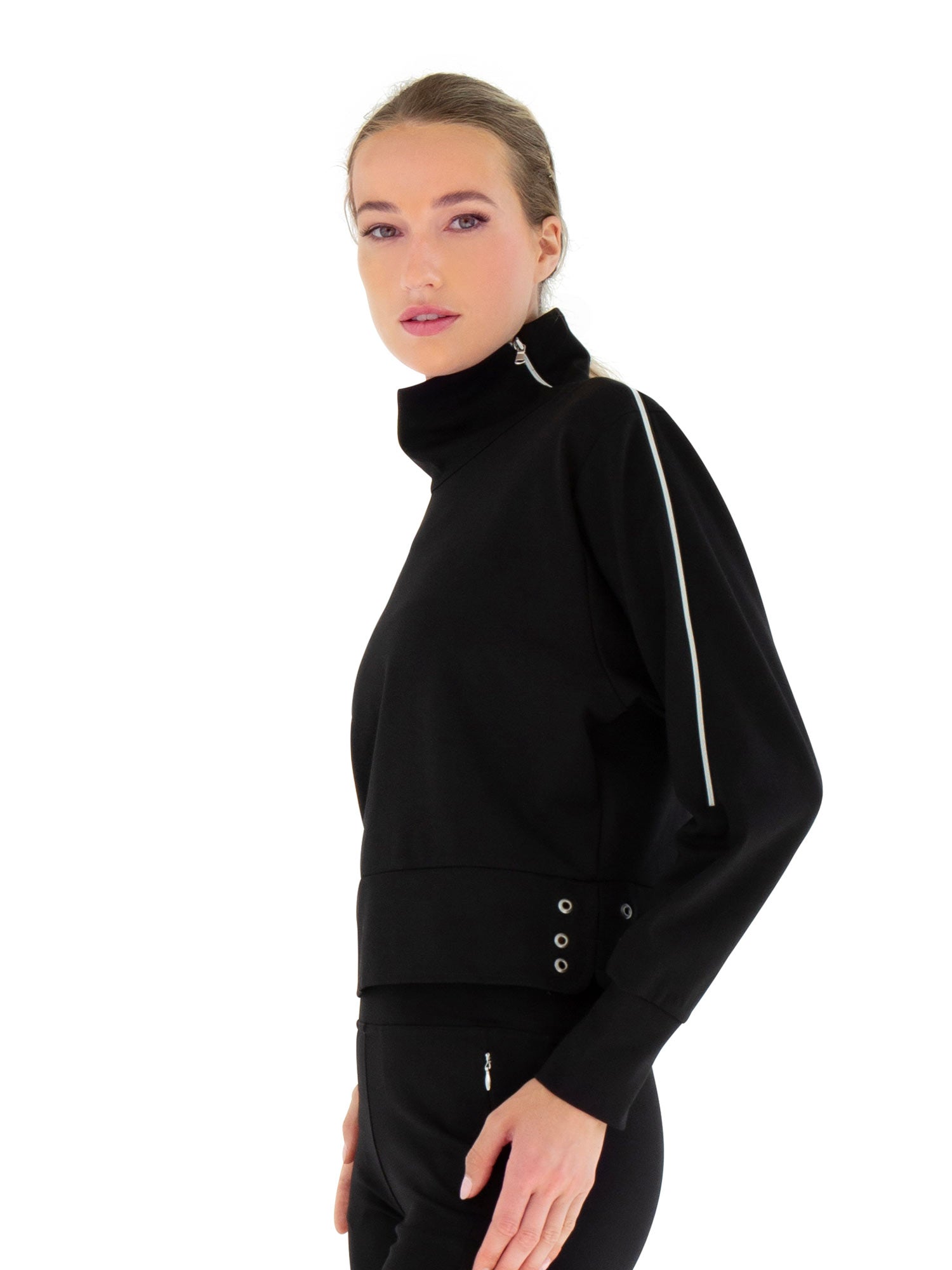 Funnel Neck Athleisure Sweat Shirt With Shoulder Zipper