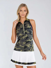 Woman wearing Neisha Classic Sleeveless Polo in camo with silver zip and mesh shoulder inserts, demonstrating the semi-fitted design and ventilation features of this moisture-wicking golf shirt | Front view.