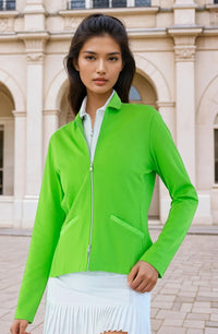 Woman wearing classic-fit Women's Active Blazer in solid color, showcasing the tailored silhouette with four-way stretch fabric suitable for both professional and active wear.  Front pose.