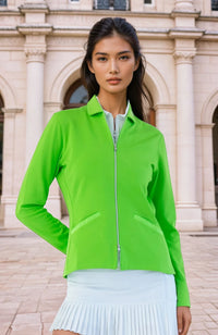 Woman wearing classic-fit Women's Active Blazer in solid color, showcasing the tailored silhouette with four-way stretch fabric suitable for both professional and active wear.  Front view.