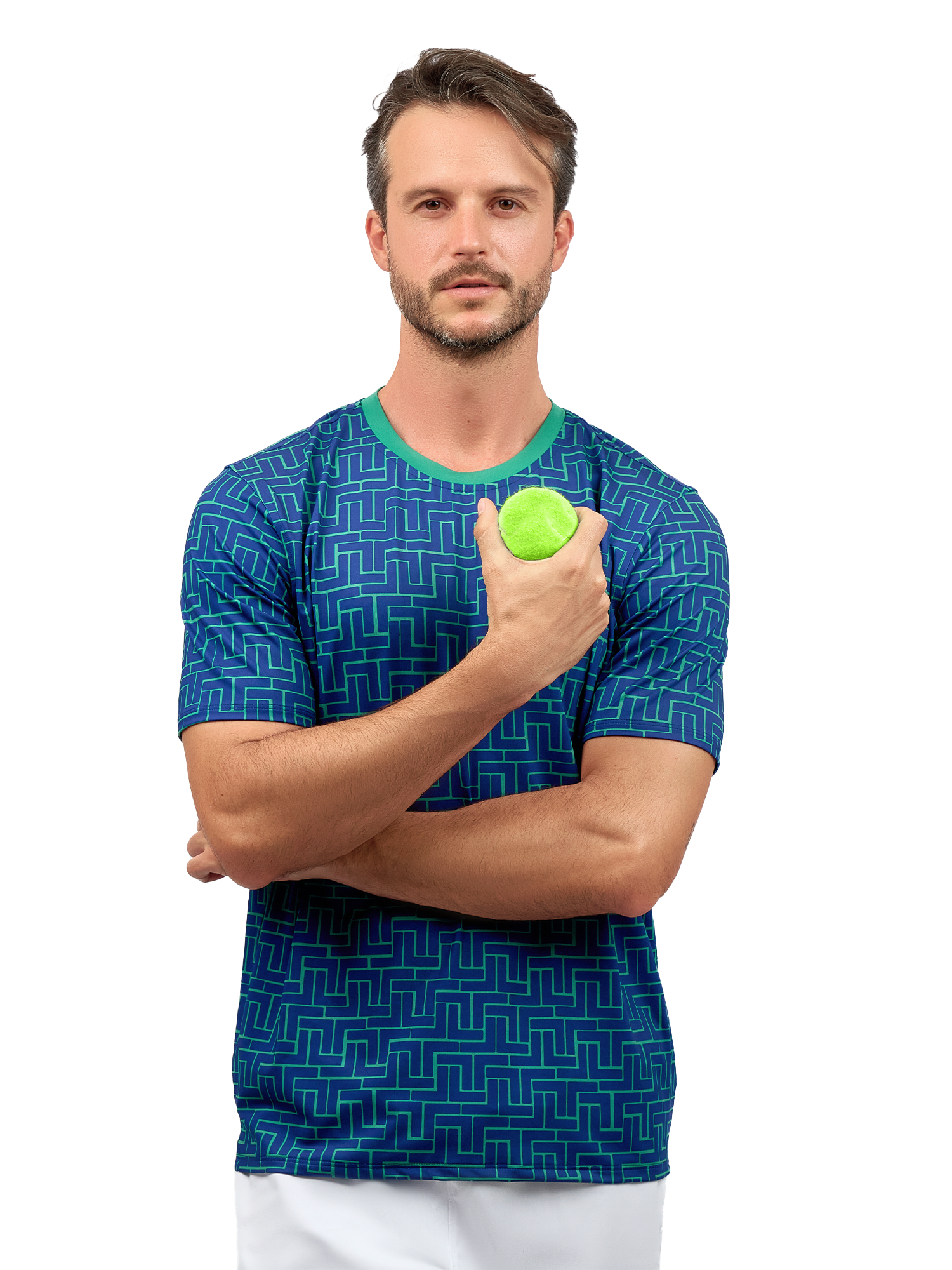 Men wearing a Short-Sleeve Crew Neck with a bold Tessel print, standing against a plain background, showcasing the athletic fit and design of the shirt.
