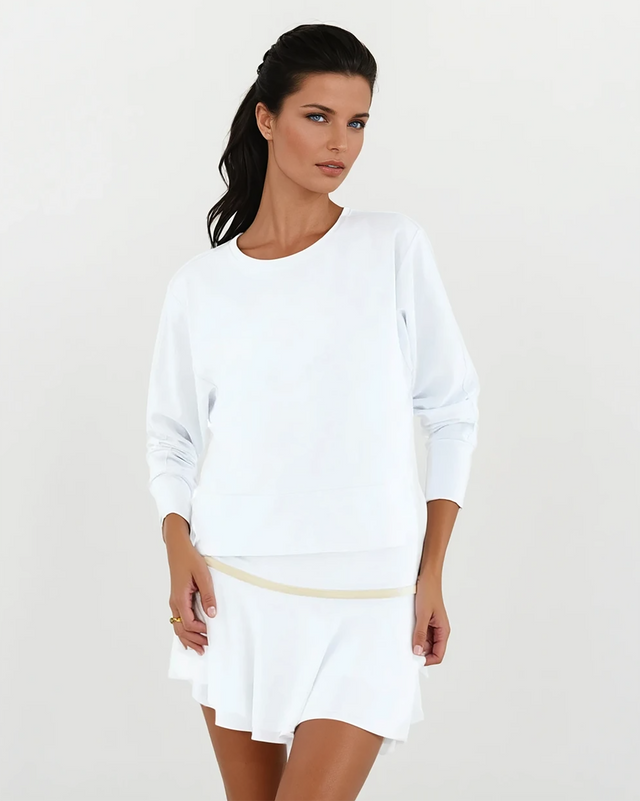Woman wearing inPhorm Camila Performance sweatshirt in white front view