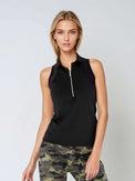 Woman wearing Neisha Classic Sleeveless Polo in black with silver zip and mesh shoulder inserts, demonstrating the semi-fitted design and ventilation features of this moisture-wicking golf shirt | Front view.