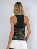Woman wearing Neisha Classic Sleeveless Polo in camo with silver zip and mesh shoulder inserts, demonstrating the semi-fitted design and ventilation features of this moisture-wicking golf shirt | Back view