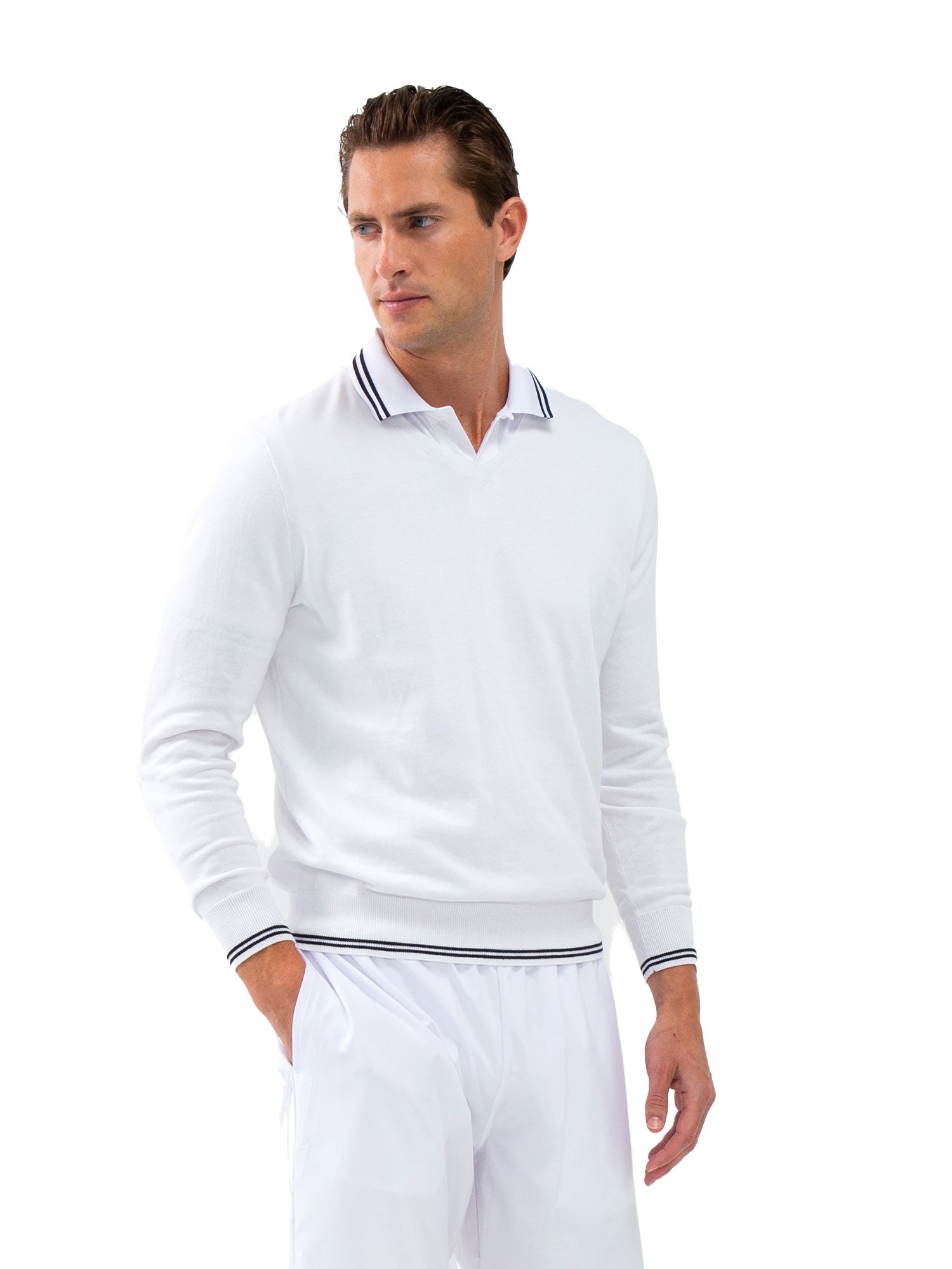 Classic V Neck Sweater - White/Midnight