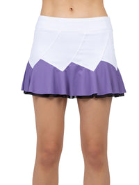 Front view of model wearing the Baseline butterfly skirt in white/lavender combo by inPhorm NYC