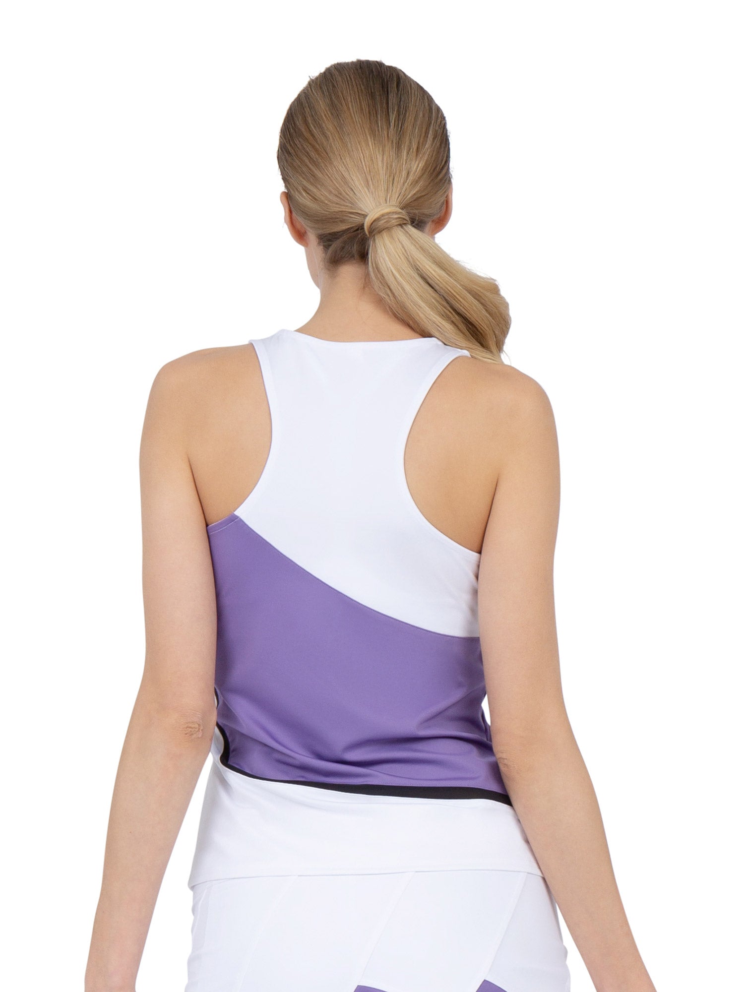 Back view of model wearing the baseline tank in white/lavender combo  by inPhorm NYC