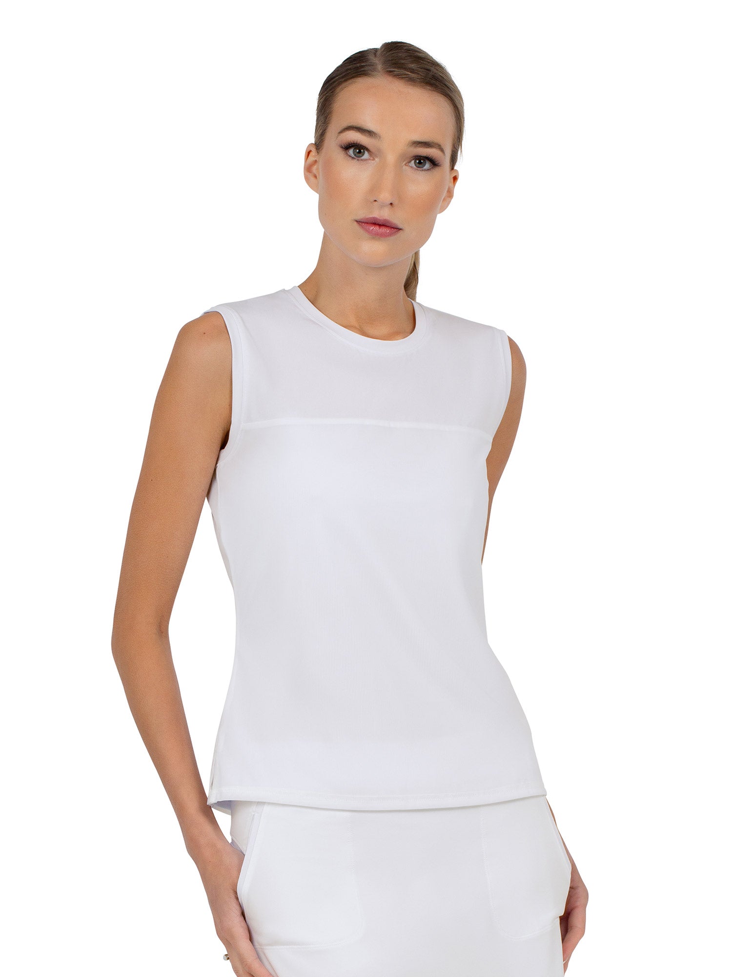 Relax-Fit Crewneck Tank with Light Mesh Overlay	 - White