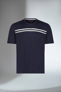 Front view of inphorm performance short sleeve crew neck in midnight with white stripes.
