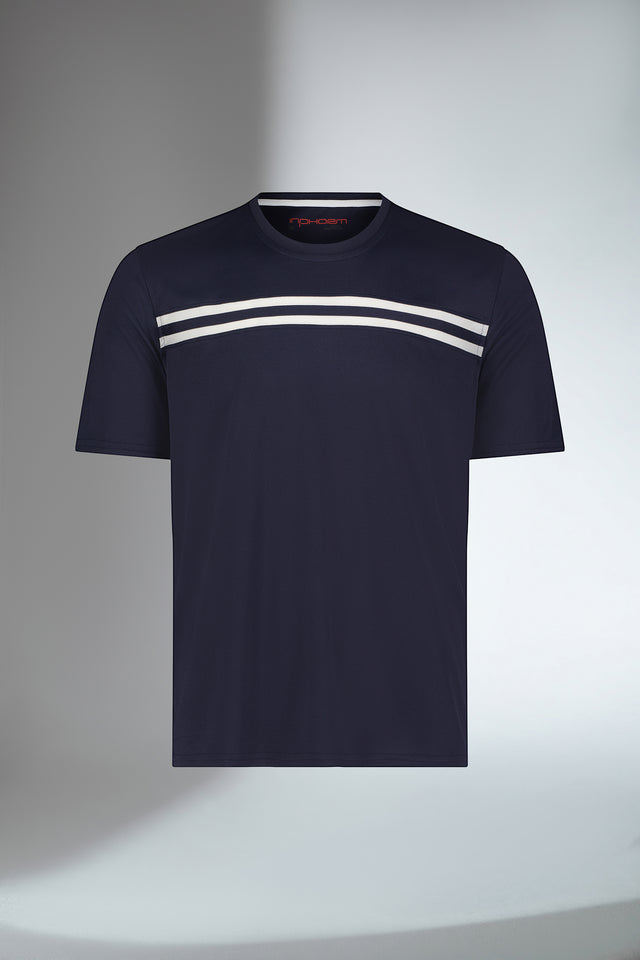 Front view of inphorm performance short sleeve crew neck in midnight with white stripes.