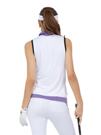 Back view of model wearing the Harper performance sleeveless white/lavender combo by inPhorm NYC holding a golf club