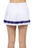 Back view of model wearing the Harper pleated 13 1/2" skirt in white/lavender combo by inPhorm NYC