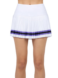 Front view of model wearing the Harper pleated 13 1/2" skirt in white/lavender combo by inPhorm NYC