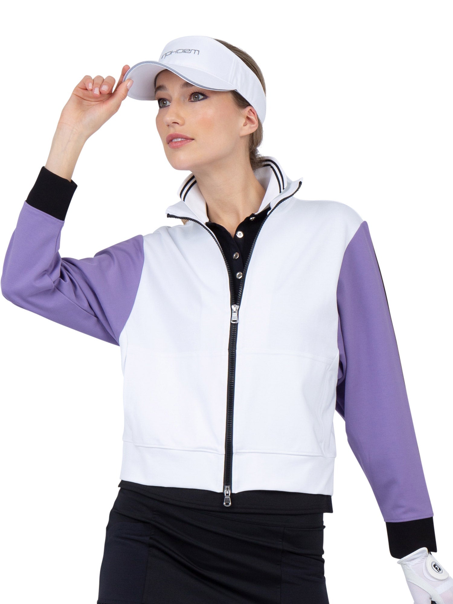 Front view of model wearing the Sofia knit jacket in white/lavender combo by inPhorm NYC wearing a white visor