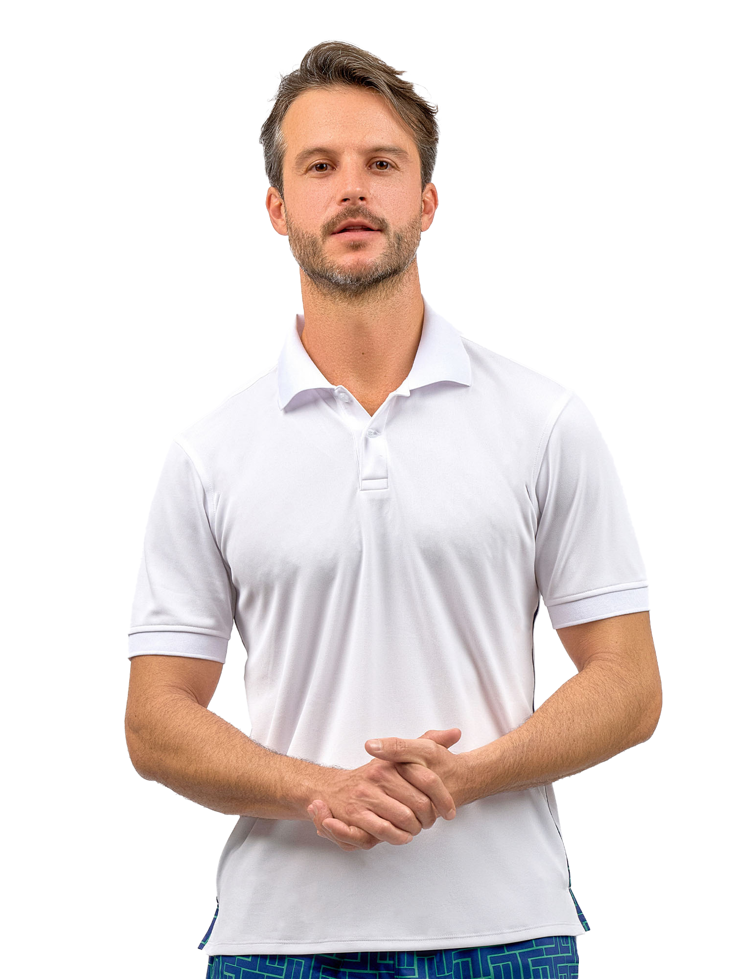 Male model wearing a White men's Spin Polo shirt, featuring a classic fit and moisture-wicking, breathable fabric, designed for performance in sports like tennis and golf.
