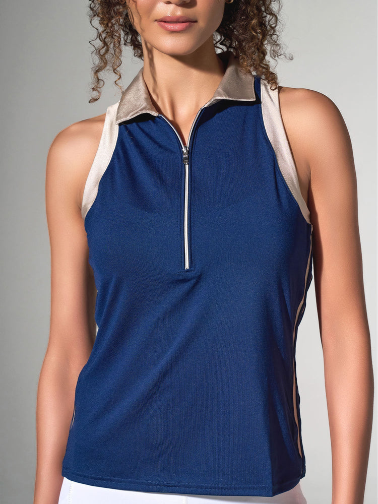 Ava Sleeveless Women's Golf & Tennis Polo Top - Ink/Silver Sand Tops - inPhorm NYCInk/Silver Sand