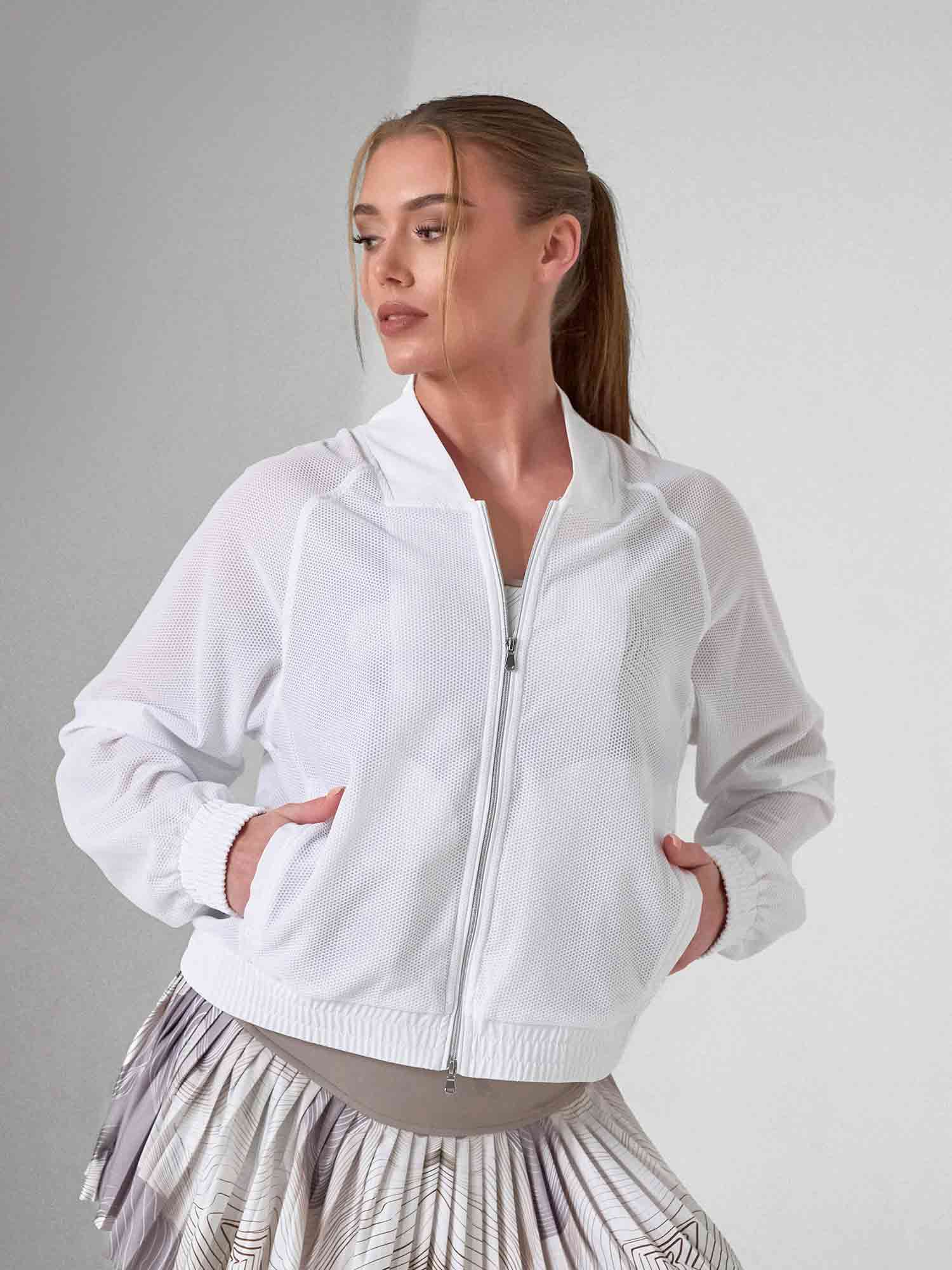 BAILA Mesh Athletic Jacket | Two - Way Zip Performance Bomber | First Position Collection - inPhorm NYCWhite