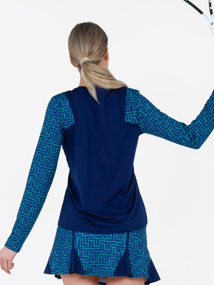 Colorblock Active Sofia Long Sleeve Crew Neck - Ink/Ink Tessel Tops - inPhorm NYCInk/Ink Tessel