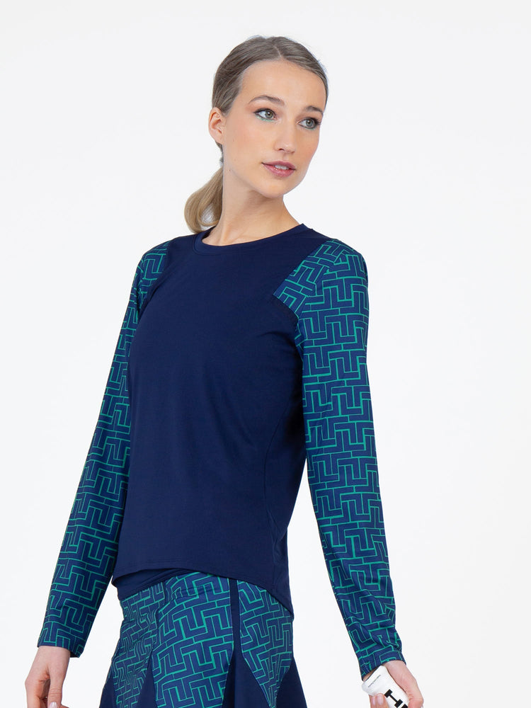Colorblock Active Sofia Long Sleeve Crew Neck - Ink/Ink Tessel Tops - inPhorm NYCInk/Ink Tessel