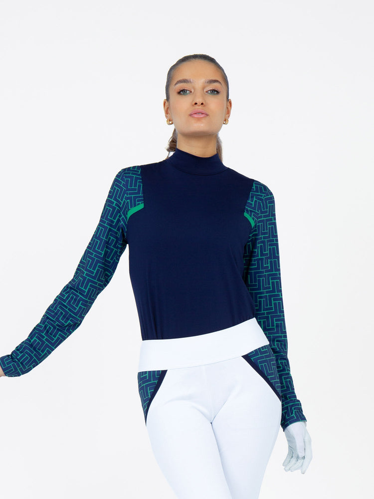 Colorblock Active Sofia Long Sleeves Mock Neck - Ink/Ink Tessel Tops - inPhorm NYCInk/Ink Tessel