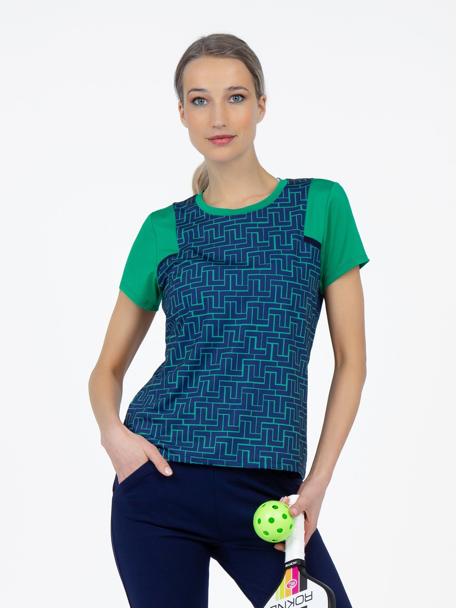 Colorblock Active Sofia Short Sleeve Crew Neck - Ink Tessel/Ivy Tops - inPhorm NYCInk Tessel/Ivy