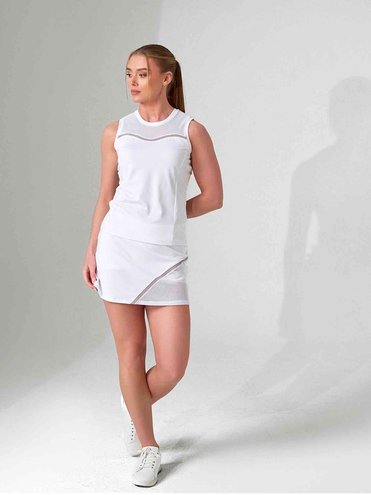 ELISE SKIRT | Mesh Detail Performance Tennis & Pickleball Skirt with Pockets | INPHORM NYC Skirts & Skorts - inPhorm NYCWHITE/LATTE