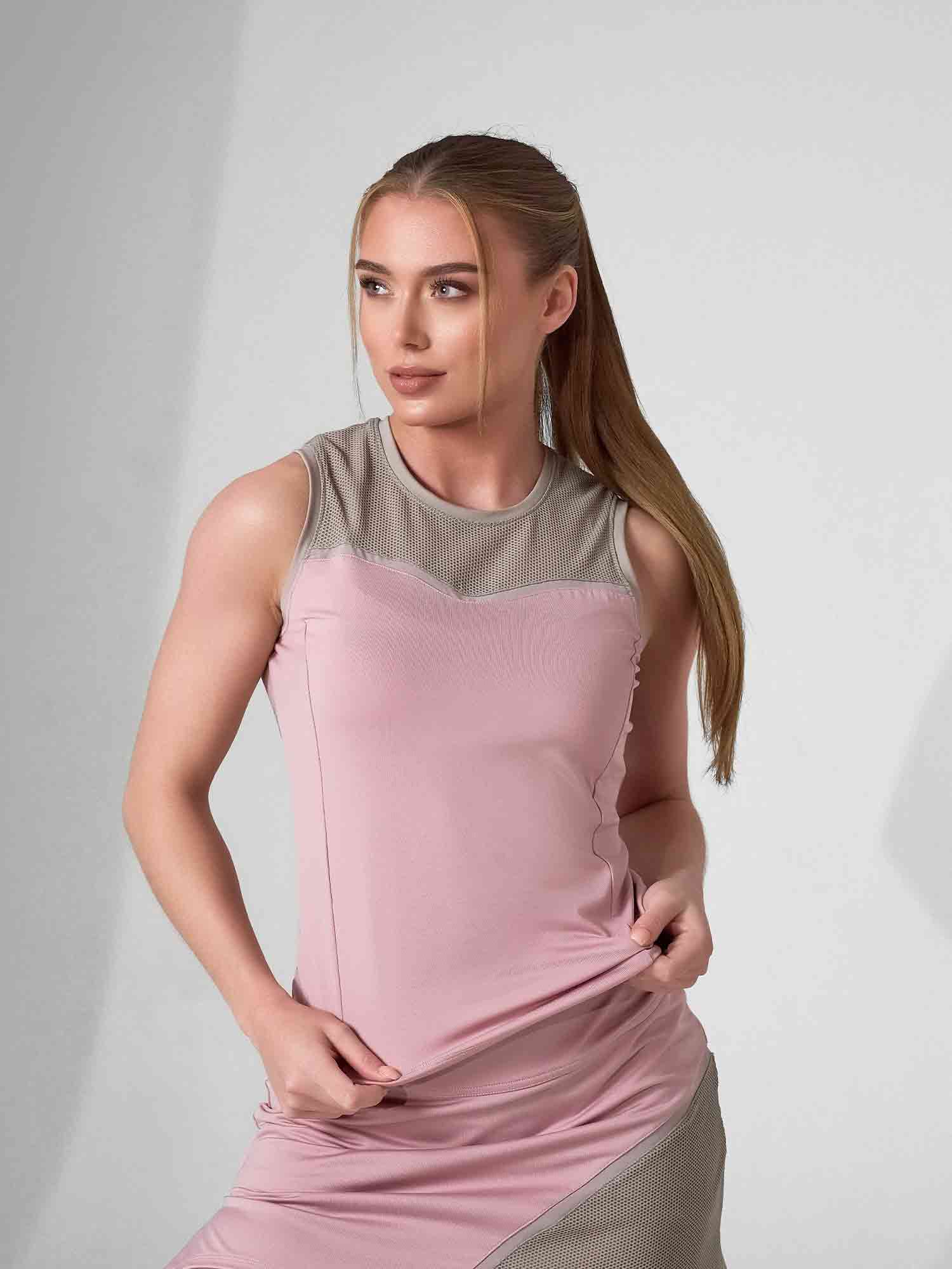 ELISE TANK | Mesh Detail Performance Tank Top for Tennis & Fitness | INPHORM NYC Tops - inPhorm NYCDUSTY PINK/LATTE