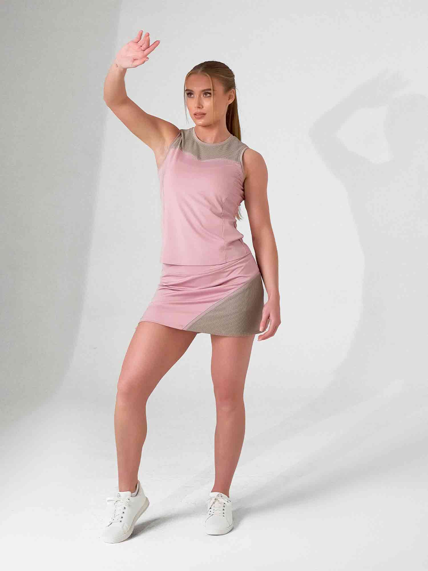 ELISE TANK | Mesh Detail Performance Tank Top for Tennis & Fitness | INPHORM NYC Tops - inPhorm NYCDUSTY PINK/LATTE