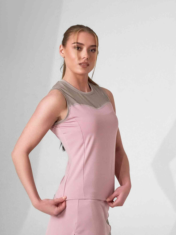 ELISE TANK | Mesh Detail Performance Tank Top for Tennis & Fitness | INPHORM NYC Tops - inPhorm NYCDUSTY PINK/LATTE