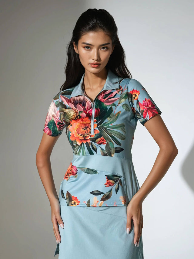 ELLE Short Sleeve Tennis Polo in Viridian Floral Print - InPhorm Designer Tennis Wear - 1