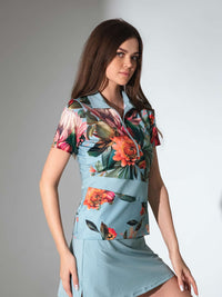 ELLE SHORT SLEEVE POLO | Luxury Performance Golf & Tennis Top with Zipper Tops - inPhorm NYCVERIDIAN PRINT