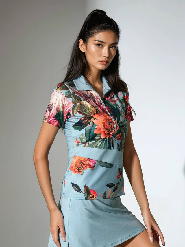ELLE Short Sleeve Tennis Polo in Viridian Floral Print - InPhorm Designer Tennis Wear - 2