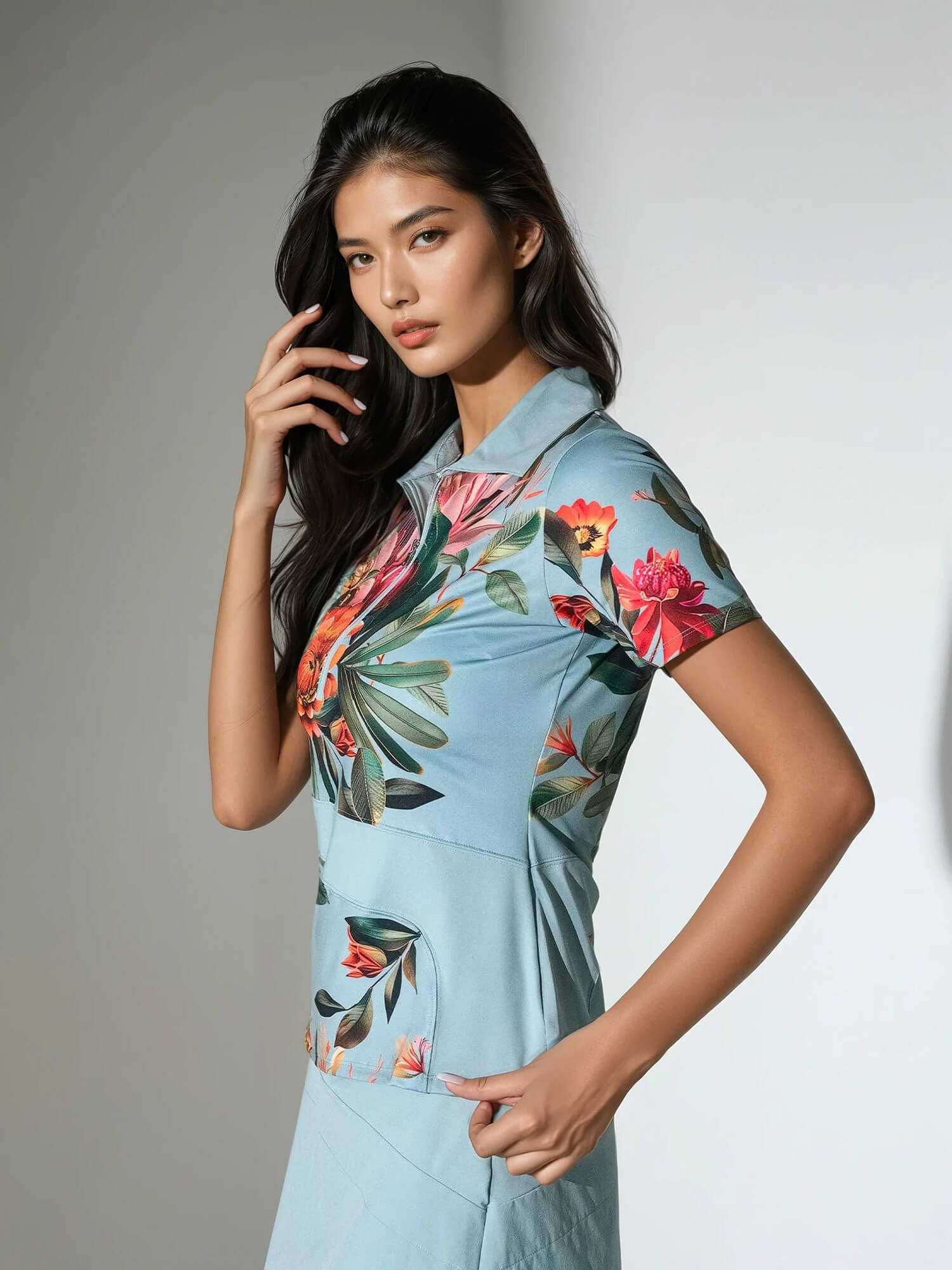 ELLE Short Sleeve Tennis Polo in Viridian Floral Print - InPhorm Designer Tennis Wear - 6